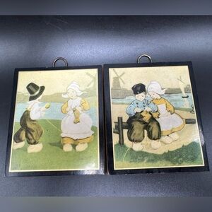 Little Dutch Boy and Girl Vintage Tiny Lacquered Prints on Wood Windmill